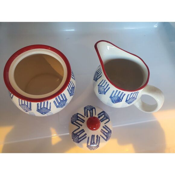 Signature Housewares Stoneware Creamer and Sugar Set Red Blue and White - Picture 3 of 5